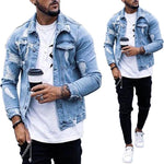 Lapel Men's Denim Jacket Ripped Irregular Washed | Hip Hop Fit-Type Coat | Stylish Light Blue Cotton Blend