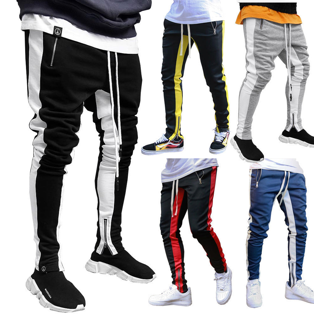 Men’s Strappy Zippered Sports Trousers – High Waist Tight-Fit Athletic Pants with Belt