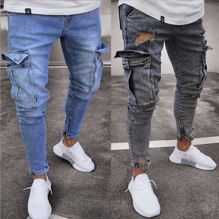 Men’s Cargo Hole Denim Jeans – Slim Pencil Fit, Whitewashed Casual Cotton Denim Pants