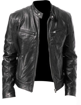Men’s PU Leather Jacket – Slim-Fit Zipper Jacket in Khaki, Brown, and Black for Business and Casual Wear