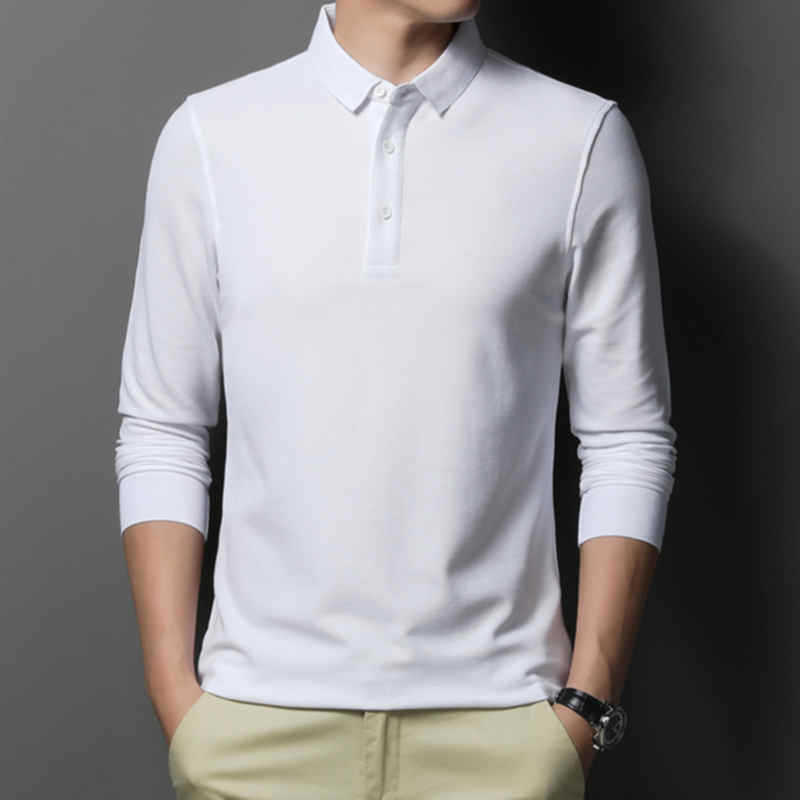 Casual Classic Solid Color Long Sleeve Polo Shirt for Men – Comfortable Cotton Blend Top