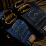 Autumn Winter Jeans Men's Straight Cotton Denim High Elastic Warm Velvet Lined Pants