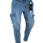 Men’s Cargo Hole Denim Jeans – Slim Pencil Fit, Whitewashed Casual Cotton Denim Pants