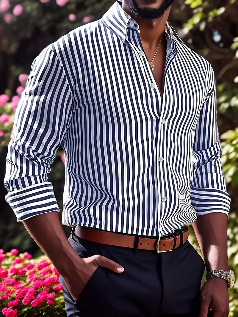 Ins Stripe Printed Long Sleeve Shirt for Men – Casual Loose Lapel Button Top Fashion Daily Wear