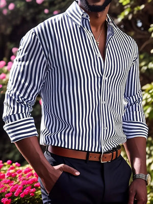 Ins Stripe Printed Long Sleeve Shirt for Men – Casual Loose Lapel Button Top Fashion Daily Wear