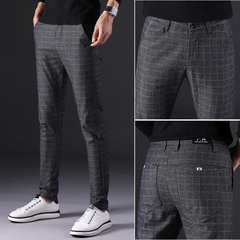Men’s Slim Straight Trousers – Fashionable Cotton Blend Lattice Pants for Comfortable Everyday Wear