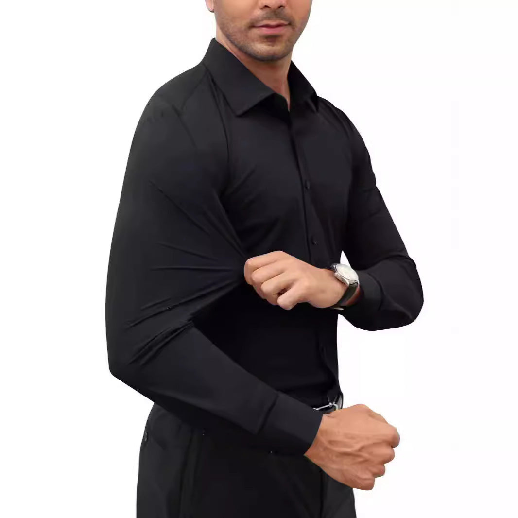 Men’s Full Elastic Long Sleeve Shirt – Simple Solid Color Stretch Cardigan for Daily Wear