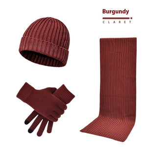 Men & Women Wool Hat Scarf Gloves Set – Thickened Knitted Winter Warm Three-Piece Set | Solid Color