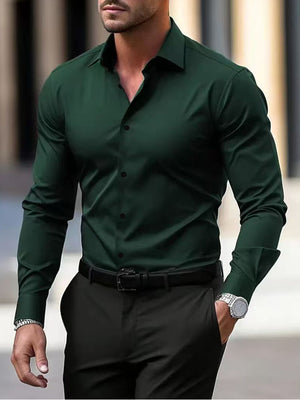 Men’s Long Sleeve Button Down Shirt – Solid Color Business Casual Lapel Top for Summer & Vacation Wear