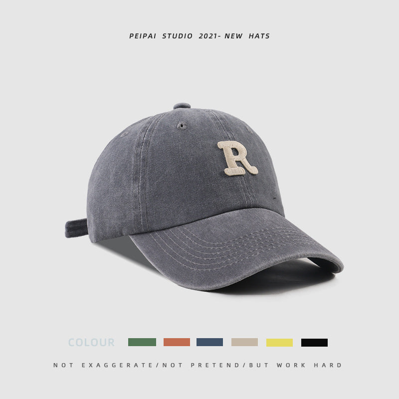 Washed Letter R Baseball Cap – Casual Cotton Patch Sun Hat for Men & Women | Breathable Adjustable Dome Cap