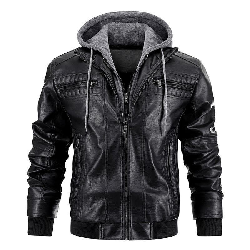Men’s Hooded PU Leather Jacket – Warm Zipper Pockets Fashion Coat for Winter Daily Wear