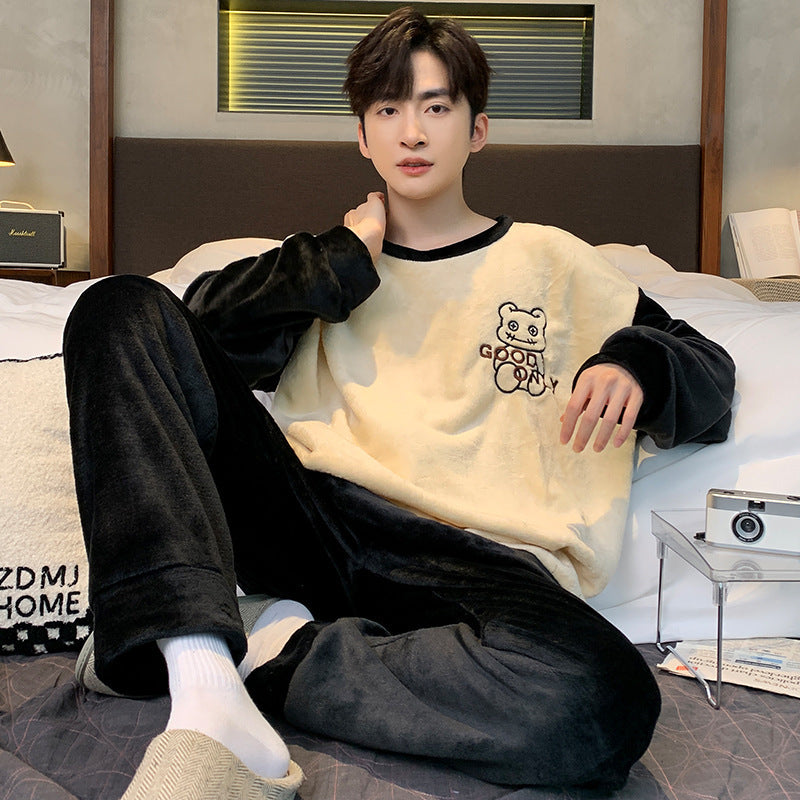 Men’s Coral Fleece Winter Pajamas – Thickened Flannel Lined Long-Sleeve Top & Trousers | Warm Homewear Suit