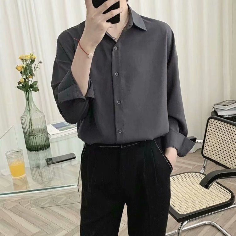 Men’s Lace-Up Long Sleeve Shirt – Casual Loose Fit Linen Silk Blend Top in Black, White & Gray
