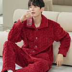 Men’s Coral Fleece Cardigan Pajamas – Long Sleeve Homewear Set, Warm and Comfortable for Winter and All Seasons