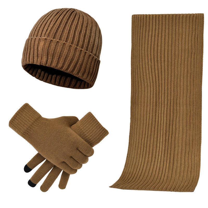 Men & Women Wool Hat Scarf Gloves Set – Thickened Knitted Winter Warm Three-Piece Set | Solid Color