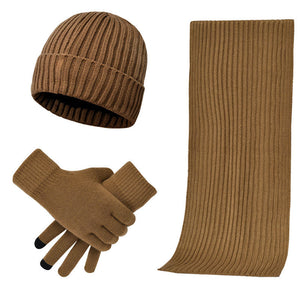 Men & Women Wool Hat Scarf Gloves Set – Thickened Knitted Winter Warm Three-Piece Set | Solid Color