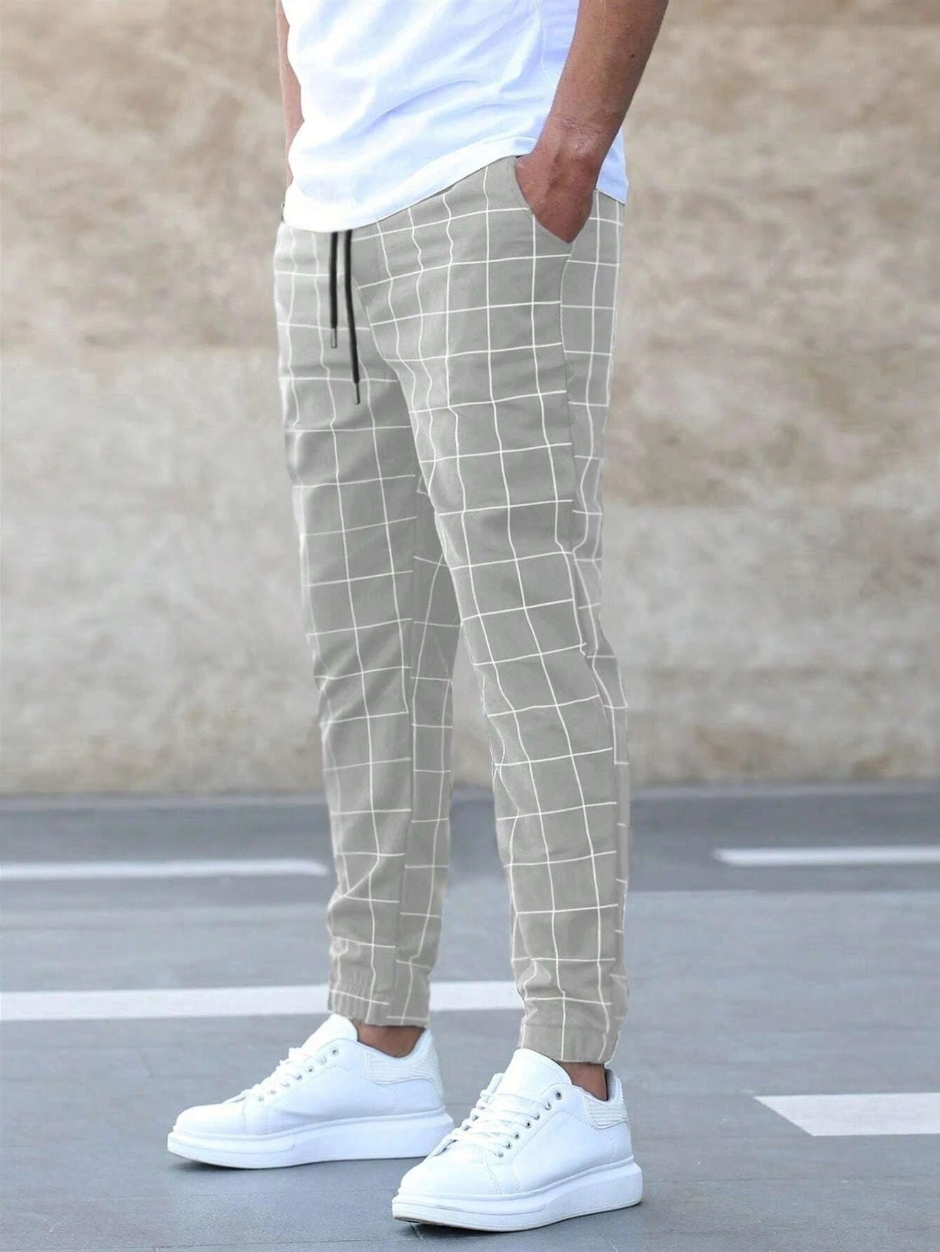 Men’s Fashion Plaid Print Pants – Casual Straight-Leg Trousers with Drawstring for Comfortable Spring Wear
