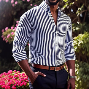 Ins Stripe Printed Long Sleeve Shirt for Men – Casual Loose Lapel Button Top Fashion Daily Wear