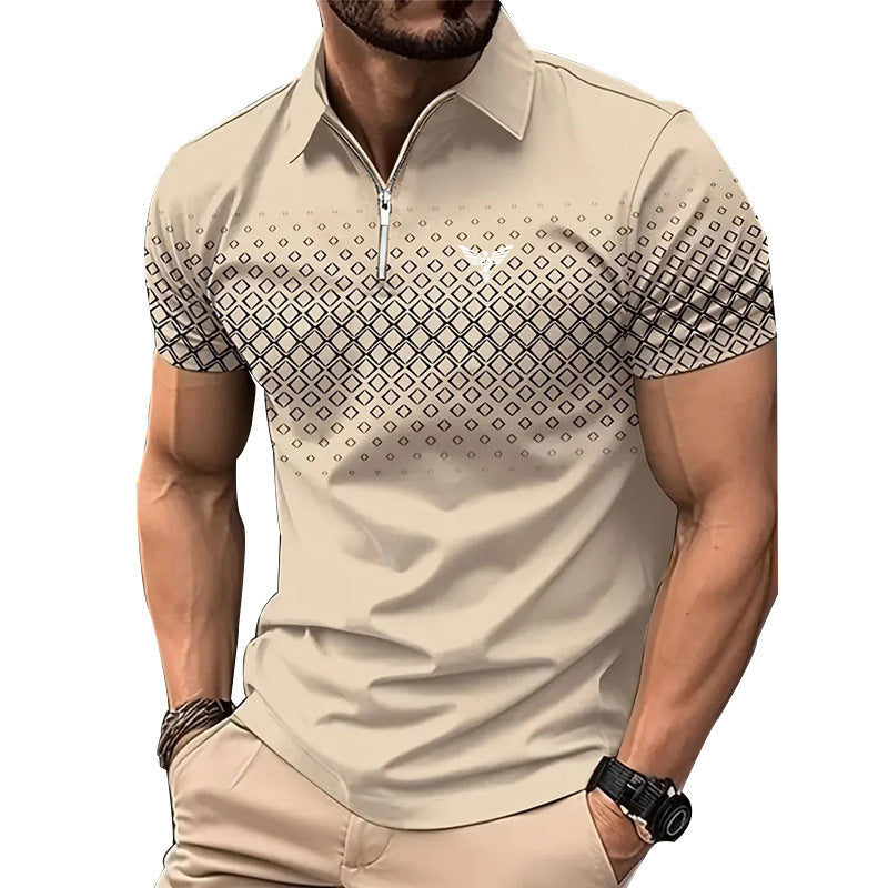 Men’s Summer Fashion Sports Short Sleeve – Stylish Striped Shirt with Zipper Design, Loose Fit Casual Top