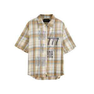 Men’s Printed Washed Plaid Shirt – Retro Short Sleeve Tassel Cardigan Top for Casual Summer Style