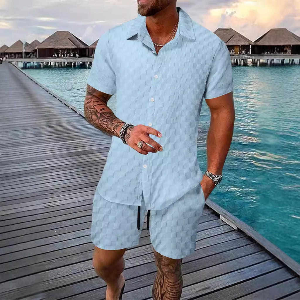 Men’s Casual Chemical Fiber Shirt Suit – Short Sleeve Shirt & Shorts Set | Lightweight Daily Summer Outfit