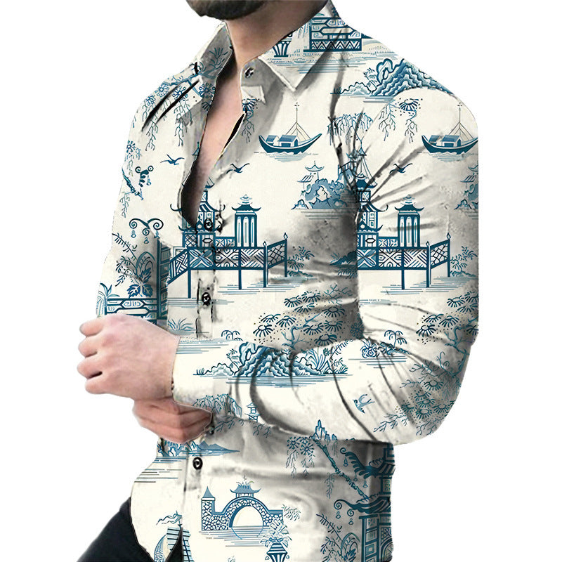Men’s Casual Long Sleeve Floral Shirt – Lightweight Printed Cardigan Style Lapel Top for Daily Wear