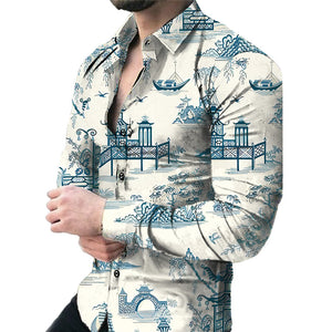 Men’s Casual Long Sleeve Floral Shirt – Lightweight Printed Cardigan Style Lapel Top for Daily Wear