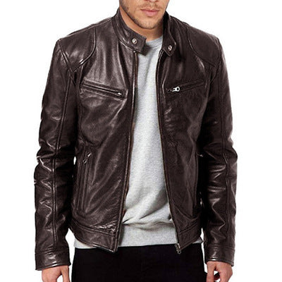 Men’s PU Leather Jacket – Slim-Fit Zipper Jacket in Khaki, Brown, and Black for Business and Casual Wear