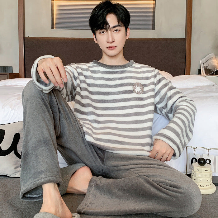 Men’s Coral Fleece Winter Pajamas – Thickened Flannel Lined Long-Sleeve Top & Trousers | Warm Homewear Suit