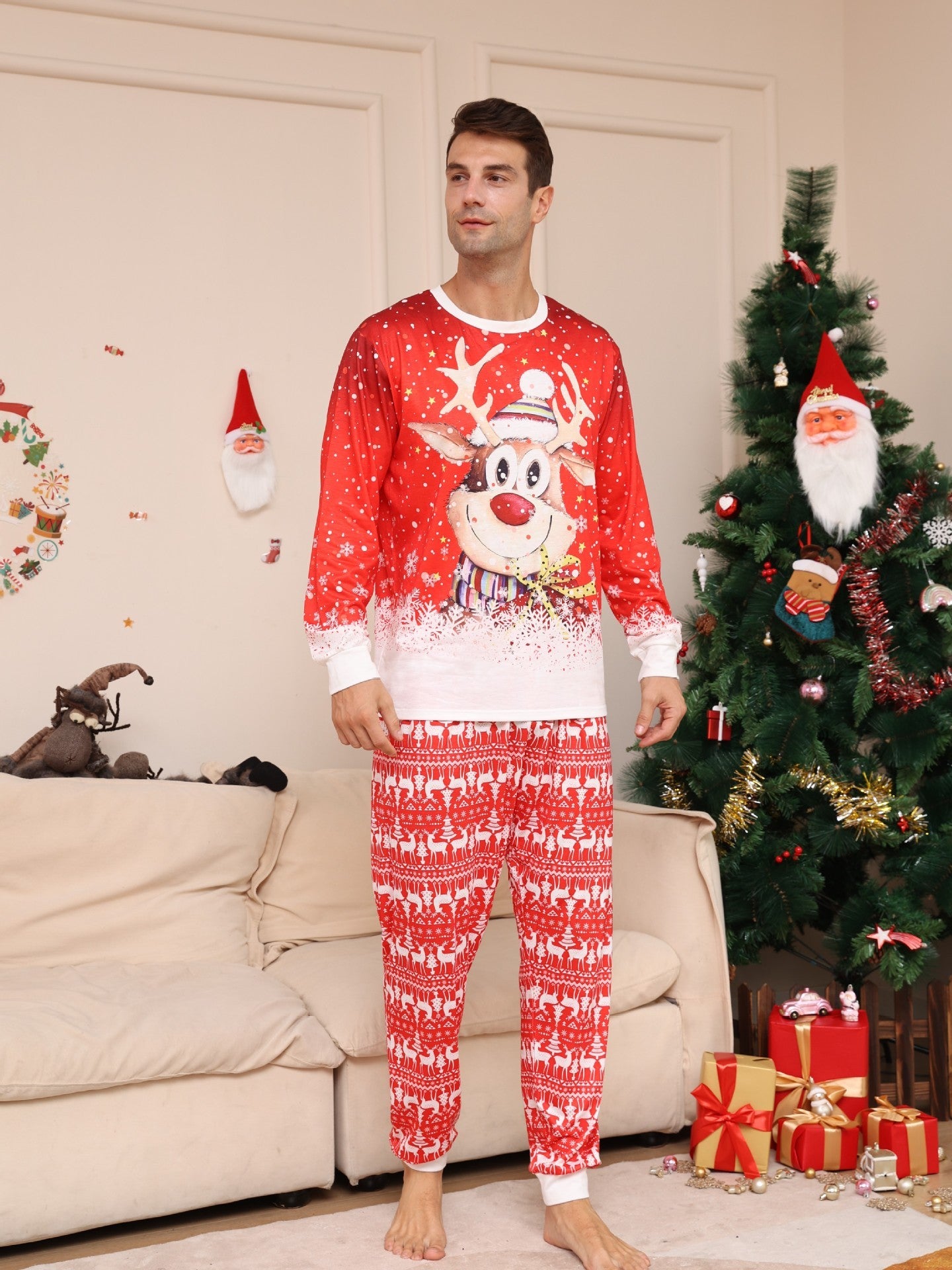 Cartoon Deer Snowflake Family Dress – Cute Random Print Pajamas | European & American Style Parent-Child Outfit