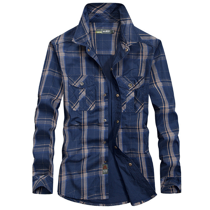 Men’s Plus Size Loose Cargo Cotton Shirt – Long Sleeve Casual Top in Khaki, Blue & Green
