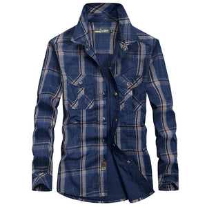 Men’s Plus Size Loose Cargo Cotton Shirt – Long Sleeve Casual Top in Khaki, Blue & Green