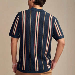 Men’s Hollow-out Knitted Polo Cardigan | Breathable Striped Short Sleeve Casual Shirt