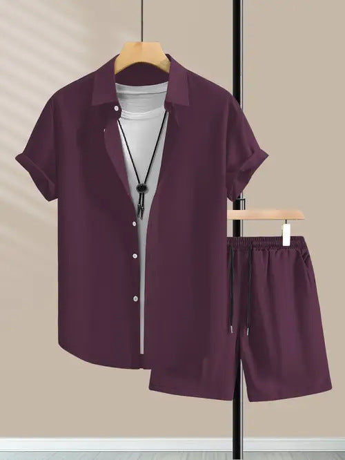 Men’s Casual Style Short Sleeve Shirt & Shorts Set – Simple Summer Outfit for Daily Comfort