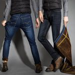 Autumn Winter Jeans Men's Straight Cotton Denim High Elastic Warm Velvet Lined Pants