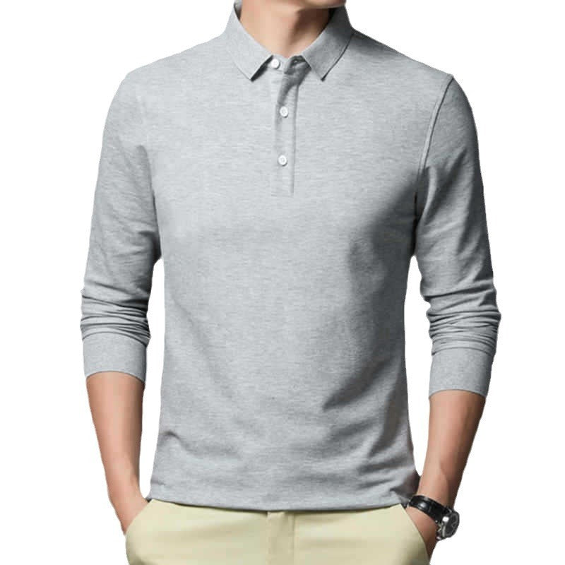 Casual Classic Solid Color Long Sleeve Polo Shirt for Men – Comfortable Cotton Blend Top