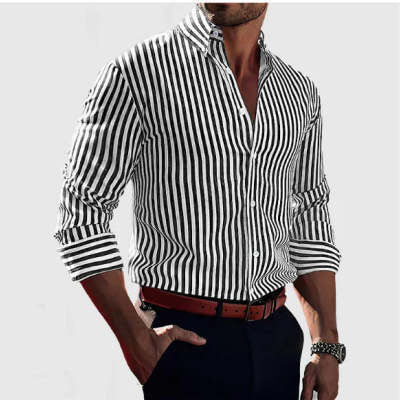 Ins Stripe Printed Long Sleeve Shirt for Men – Casual Loose Lapel Button Top Fashion Daily Wear