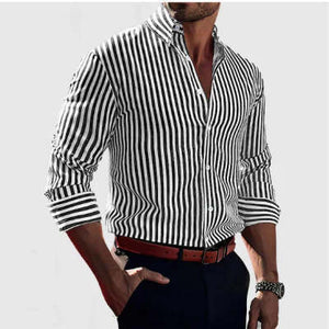 Ins Stripe Printed Long Sleeve Shirt for Men – Casual Loose Lapel Button Top Fashion Daily Wear