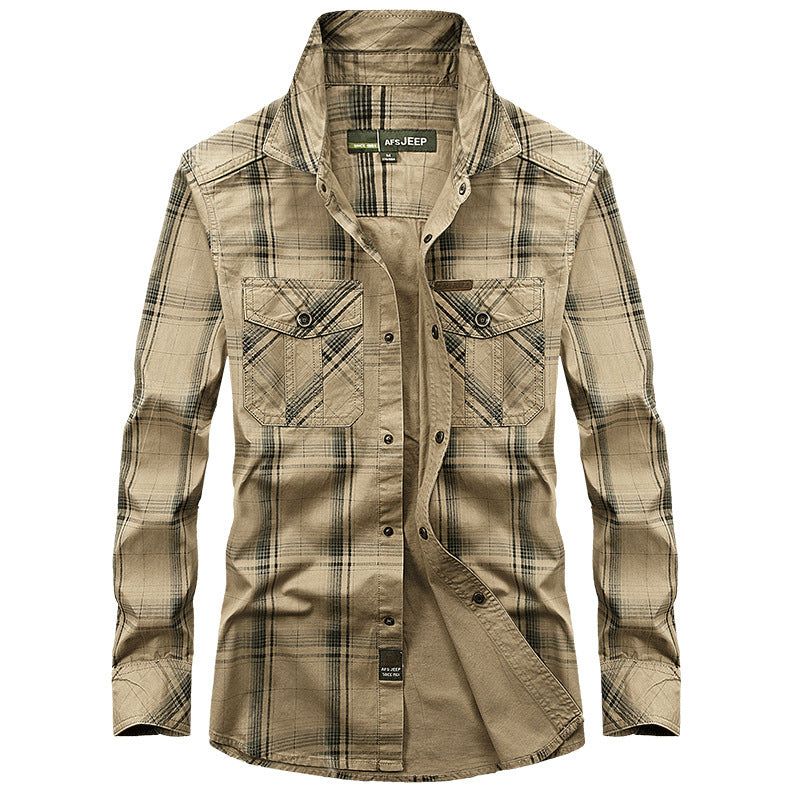 Men’s Plus Size Loose Cargo Cotton Shirt – Long Sleeve Casual Top in Khaki, Blue & Green