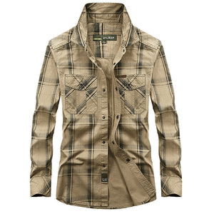 Men’s Plus Size Loose Cargo Cotton Shirt – Long Sleeve Casual Top in Khaki, Blue & Green