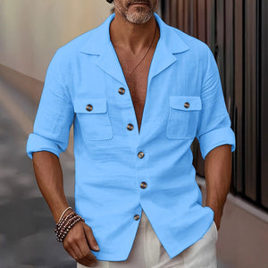 Men’s Linen Casual Shirt – Spring & Autumn Tailored Collar Button Pocket Top for Everyday Fashion