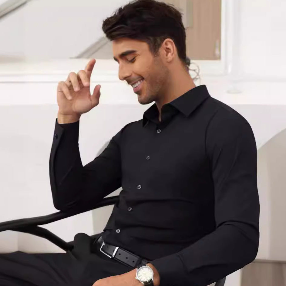 Men’s Full Elastic Long Sleeve Shirt – Simple Solid Color Stretch Cardigan for Daily Wear