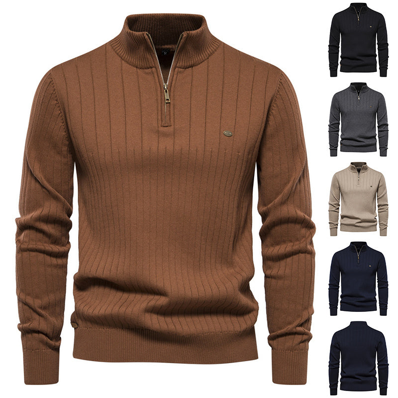 Men’s Stand Collar Half-Zip Sweater – Slim Fit Cotton Blend Pullover, Stylish Autumn Casual Top