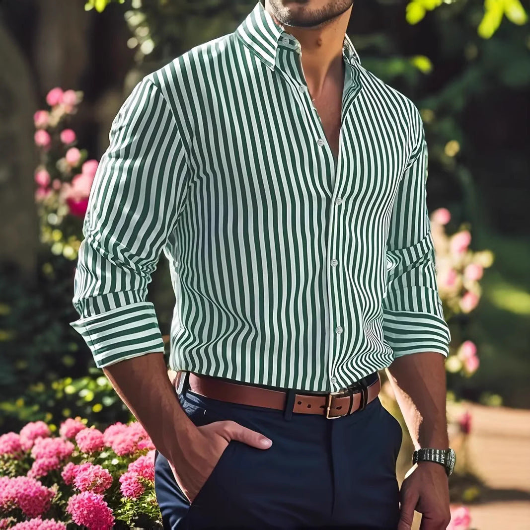 Ins Stripe Printed Long Sleeve Shirt for Men – Casual Loose Lapel Button Top Fashion Daily Wear