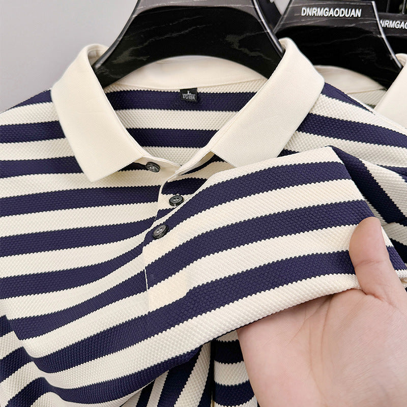 Men’s Lapel Jacquard Striped Shirt | Breathable Summer Business Casual Short Sleeve Top