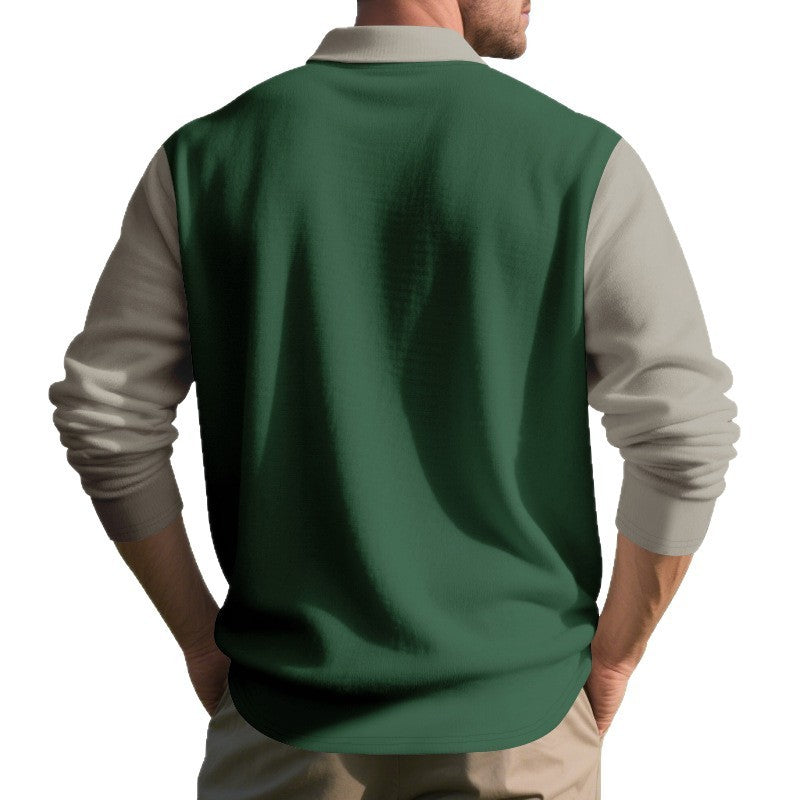 Golf Lapel Long Sleeve T-Shirt for Men – Comfortable Color Block Bottoming Shirt