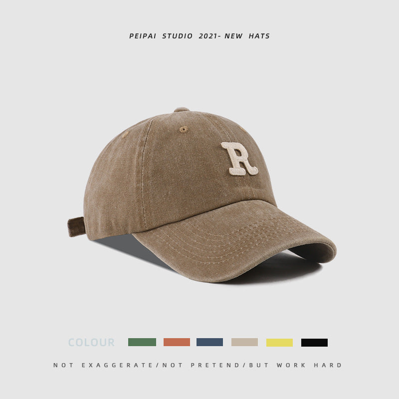 Washed Letter R Baseball Cap – Casual Cotton Patch Sun Hat for Men & Women | Breathable Adjustable Dome Cap