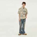 Men’s Printed Washed Plaid Shirt – Retro Short Sleeve Tassel Cardigan Top for Casual Summer Style
