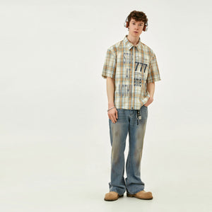 Men’s Printed Washed Plaid Shirt – Retro Short Sleeve Tassel Cardigan Top for Casual Summer Style