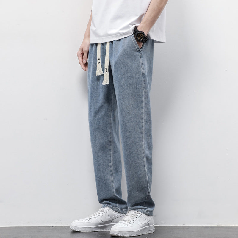 Men’s Summer Loose Wide Leg Jeans – Fashion Drawstring Elastic Straight Denim Trousers